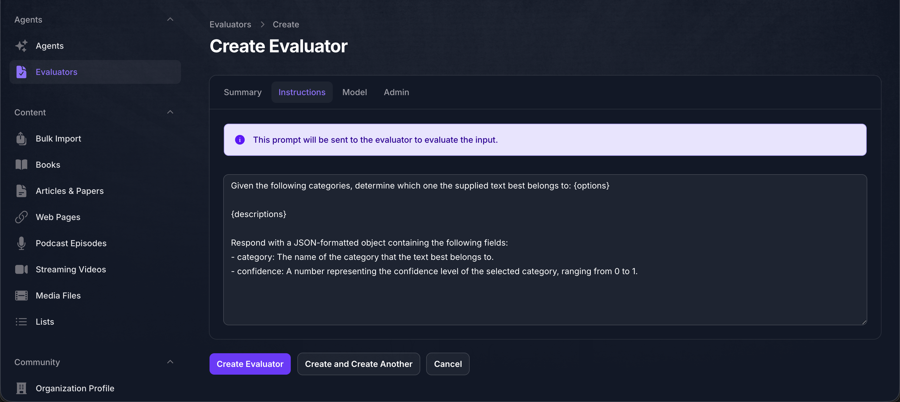 Evaluator - Instructions Tab