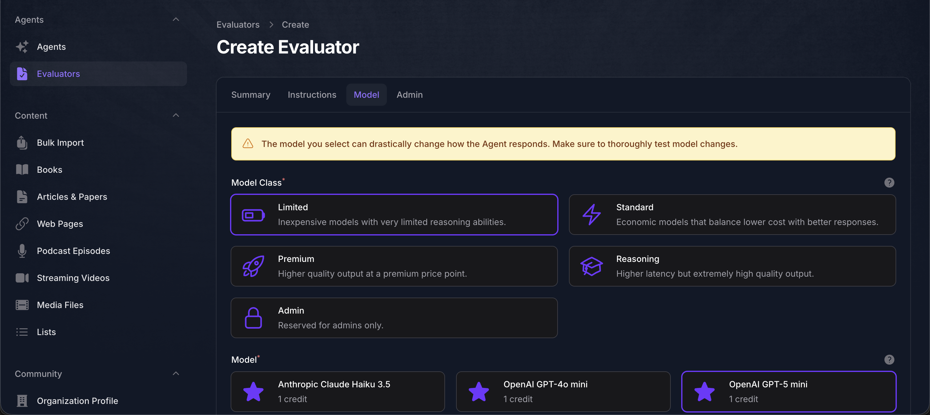Evaluator - Model Tab