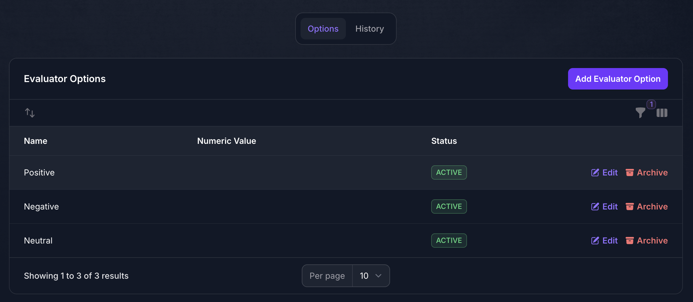 Evaluator - Options Table